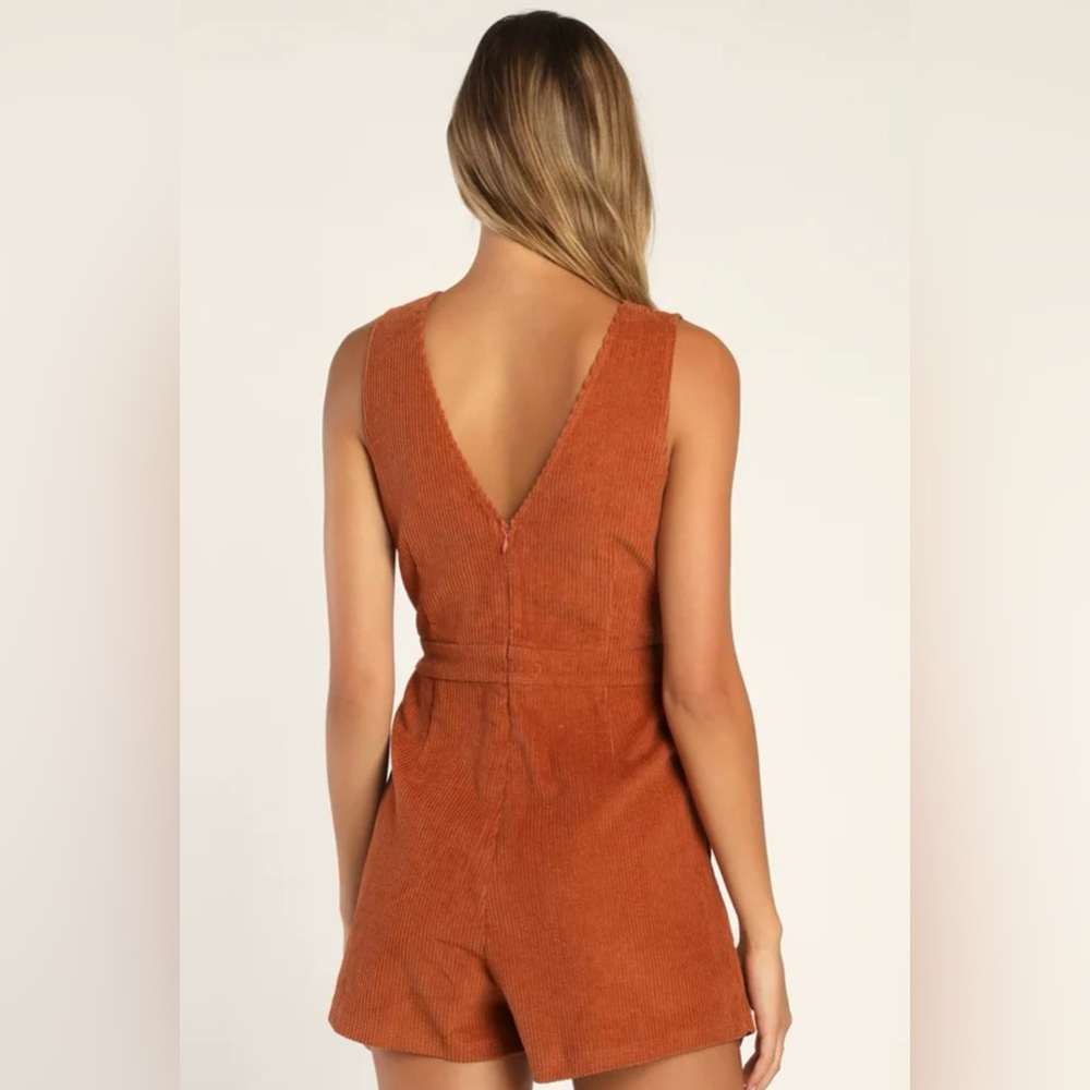 NWOT LULUS Absolutely Cute Rust Orange Corduroy Faux-Wrap Skort Romper - Picture 2 of 8